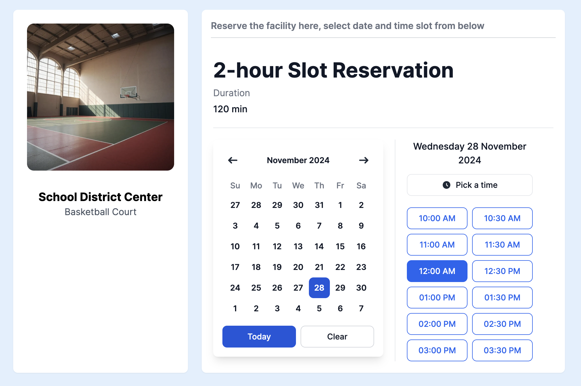 Facility scheduling page